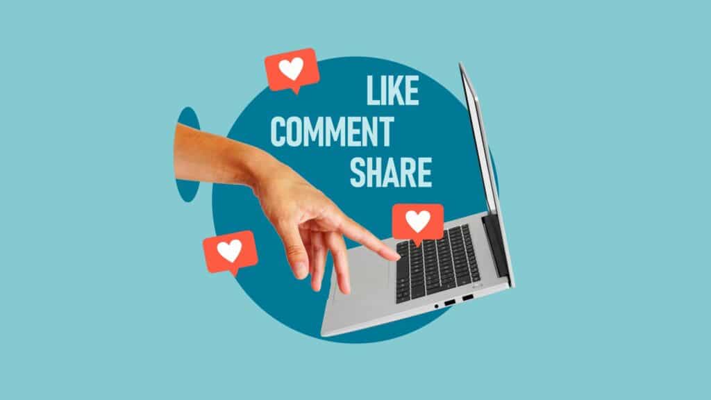 Hand and laptop, sharable and likeable content